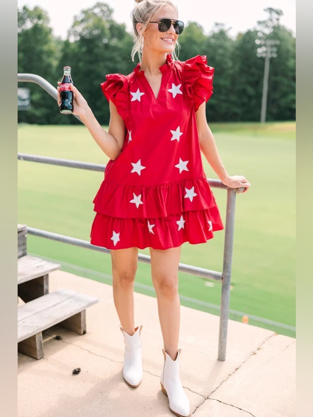 Fantastic Fawn Cecilia Star of Show Red Sequin Star Ruffle Tiered Mini Dress S